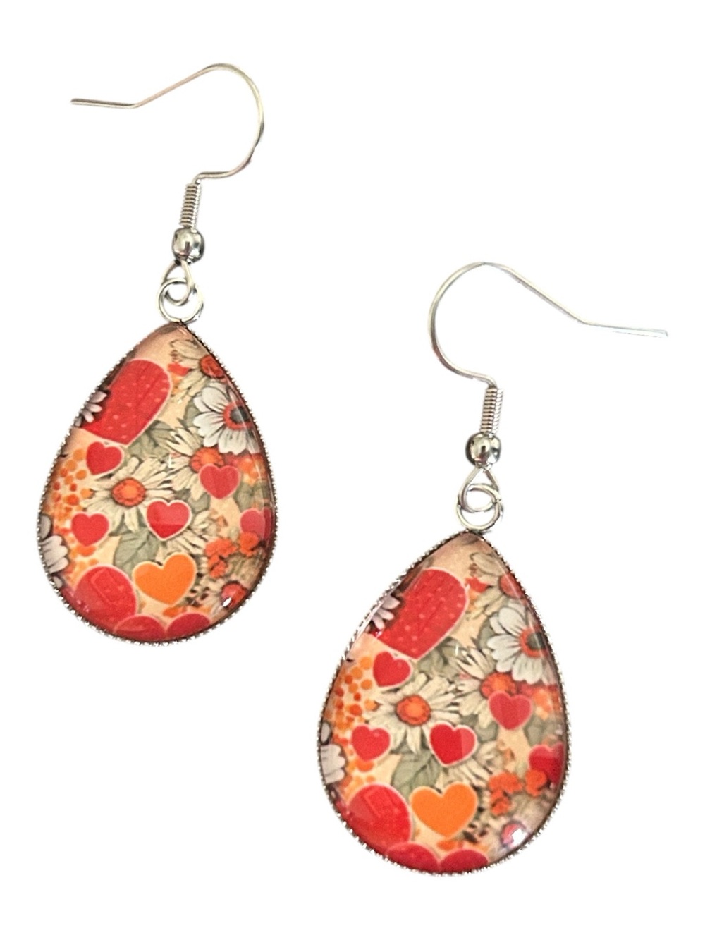 Glass Cabochon Teardrop Heart & Floral Illustration Dangle Earrings Orange & Red